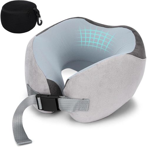 KALANKA-Oreiller de Voyage pour Avion, Coussin de Voyage en Mousse à Mémoire de Forme pour Adultes, Coussin Avion en Soie de Glace Flight Doux, Réglable et Compact pour, avec Sac de Rangement (Gris)