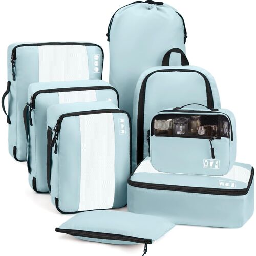 Organisateur De Val 8 Pièces, Rangement Val Organisateur Pour Les Voyages Et Les Vacances, Packing Cubes Avec Sac À Chaussures Et Sac À Cosmétiques, Voyage Accessoires, Bleu Clair
