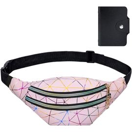 CAUC-® Sac Banane, Sacoche Banane Ville Unisexe à Effet Holographique, Sac Etanche Multi-Poches Mode Imperméable Cuir PU pour Voyage Randonnée Camping Loisir (avec 1*Forfait Carte de crédit)