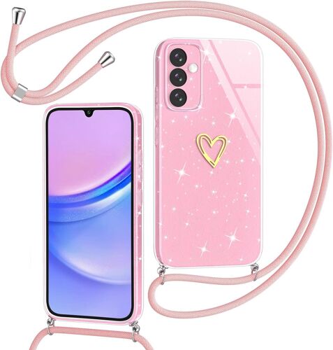 SJZG-Yichu Coque Pour Samsung Galaxy A15 5G Avec Cordon, Glitter Souple Silicone Housse Avec Collier, Réglable Lanyard Case Avec Motif Coeur D'Amour, Etui Protection Cover Pour Samsung A15 4G/5G, Ros
