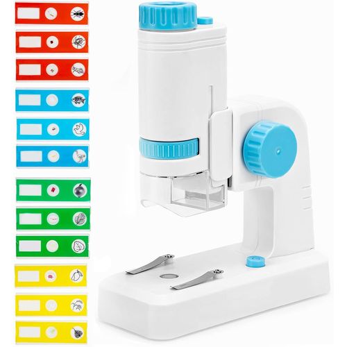KAAQL-Mini Microscope Enfant Portable-80X-200X Microscope De Poche Avec Lampe Led Et 12 Spécimens,Débutants Scientifique Experience Kit Éducatifs Cadeaux Pour Garçons Et Filles 6-10 Ans