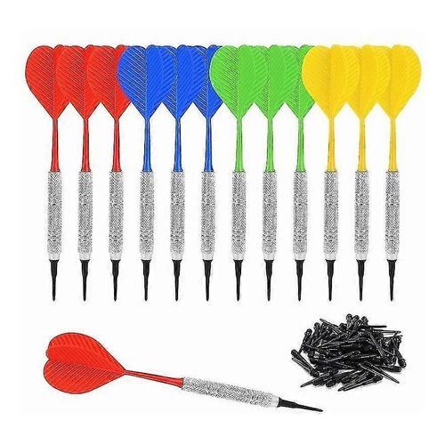 Jeu de fléchettes avec 100 pointes souples supplémentaires, fléchettes souples de sécurité (rouge, jaune, bleu, vert) (12pcs)
