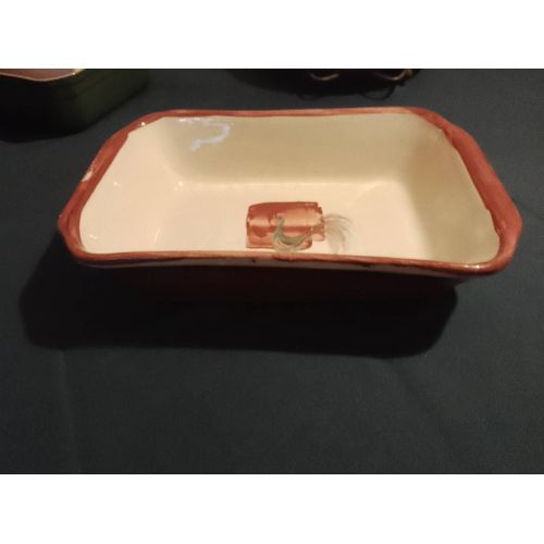 Plat À Terrine Marron Intérieur Coq Coloré Vintage Années 90.