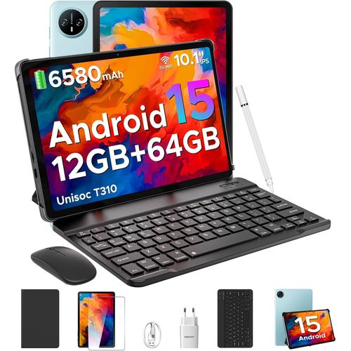 KALWS-Tab A9 Tablette Android 15,Tablette Avec Clavier,Unisoc T310,12Gb Ram+64Gb Rom(Tf 2Tb) Tablette 10 Pouces,6580 Mah Tablette Tactile,5G Wifi/8Mp/Type-C/Gms/Bluetooth/Face Id/Jack 3,5 Mm,Bleu