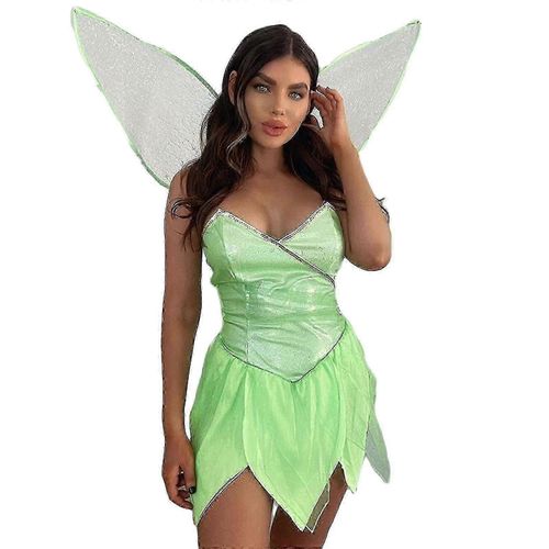 (L-Adulte-Femme-Vert) Robe De Déguisement De Fée Clochette Pour Femme, Robe De Cosplay D'elfes Verts Avec Ailes Vertes