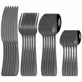 (Noir) Ensemble De Couverts En Acier Inoxydable 24 Pièces - Comprend Un Couteau À Steak, Une Fourchette À Repas, Une Cuillère À Repas Et Une Cuillère À Dessert - Parfait Pour Une Utilisation Dans Les Hôtels Et Les Restaurants