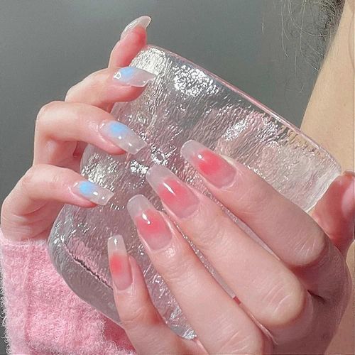 Cercueil Français Presse Sur Les Ongles Pour Femmes Glossycover Faux Ongles Ballerine Nail Art Diy Acrylique Faux Conseils D'ongles Stick On Nails 24pcs-Français Bleu-Rouge 