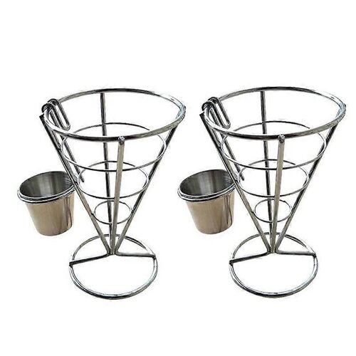2Pcs Français Fries Stand Cône Panier Frit Porte-Fry avec Trempettes à Sauce Poulet Frit En Métal Présentoir Stand Métallique