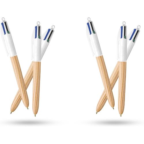 Kalhj-Bic Lot De 6 Stylos À Effet Bois 4 Couleurs Rétractables Multicolores Avec Quatre Encres Vives Assorties Pour L'école,Le Bureau Et Le Codage Couleur