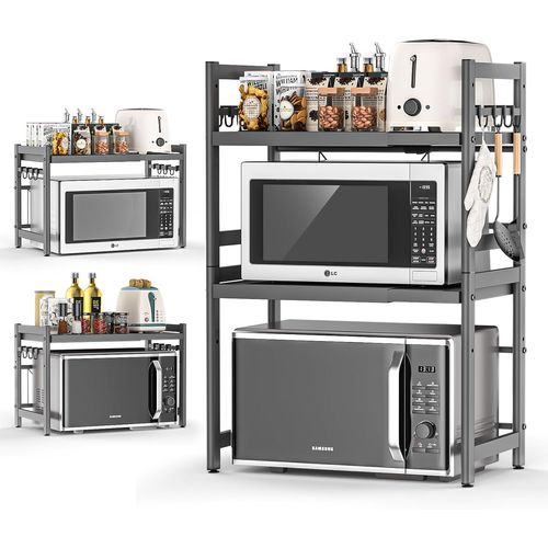 Support Pour Micro Onde Et Four Extensible Etagere Micro-Ondes 3 Niveaux, Support En Métal Four À Micro-Étagère Pour Micro-Ondes Avec 8 Crochets Suspendus Meuble Micro Ondes Cuisine Rangemen[Z1398]