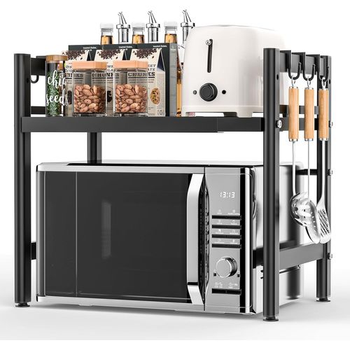 Support pour Micro Onde et Four Extensible Etagere Micro-Ondes,Support en Métal Four à Micro-étagère pour Micro-Ondes avec 6 Crochets Suspendus Meuble Micro Ondes Cuisine Rangement.[L1]