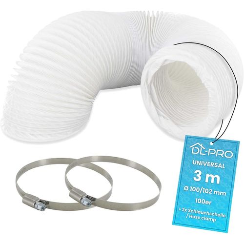 3 m exhaust hose Ø100 mm (inside)-for air conditioner,cooker hood,tumble dryer-with 2 clamps-PVC hose white-not suitable for Ø102 mm