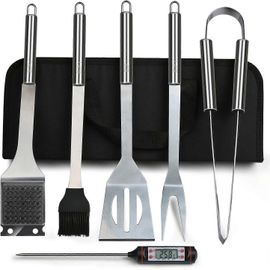 Nouveau Produit,Étui À Couverts 6 En 1 Pour Gril + Thermomètre À Barbecue Ensemble De Couverts Pour Gril En Acier Inoxydable 6 Pièces