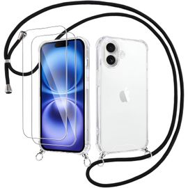 Coque Transparente Iphone 16 Plus 6,7 Pouces Tpu+Pc Anti-Choc Avec Cordon Réglable Et 2 Verres Trempés