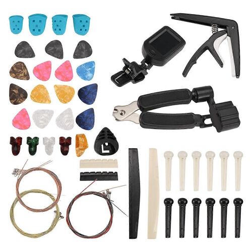 65 Pcs Kit D'accessoires De Guitare Avec Cordes De Guitare,Accordeur,Capo,Médiators,Porte-Médiator,Photo De L'index Du Pouce
