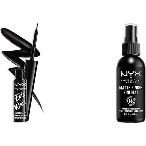 Kal-Eyeliner Liquide Semi-Permanent Epic Wear, Fini Mat, Noir & Spray Fixateur Setting Dewy Finish, Fini Mat, Formule Vegan, Modèle : Matte 