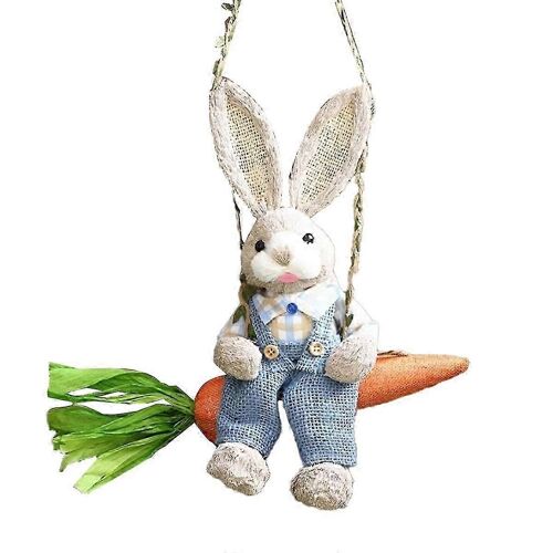 Easter Straw Bunny Figurine, Straw Rabbit on Carrot Swing, Bunny Statue Hanging Ornament for Easter JN