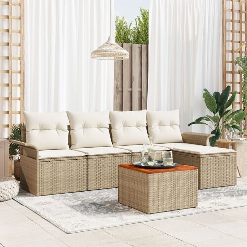 Ensemble De Canapé De Jardin 6 Pièces Avec Coussins Beiges Osier Synthétique Acacia, Canapé De Jardin 2 Places Avec Rangement & Coussins Beiges Osier Synthétique