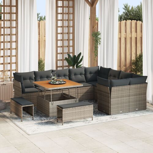 Vidaxl Canapé De Jardin 12 Pièces Avec Coussins Gris En Rattan Poly Acacia, Vidaxl Salle À Manger Jardin 3 Pièces Avec Coussins Gris En Rattan Poly Acacia