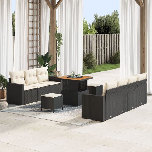 Ensemble De Canapé De Jardin En 10 Pièces Avec Coussins En Noir Poly Rattan Acacia, Ensemble De Salle À Manger De Jardin En 3 Pièces Avec Coussins En Noir Poly Rattan Acacia
