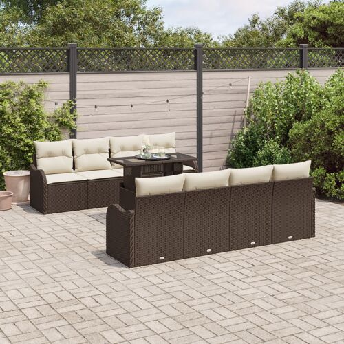 Ensemble 10 pièces de canapé de jardin avec coussins marron en rattan poly, Canapé de jardin 2 places avec rangement et coussins marron en rattan poly