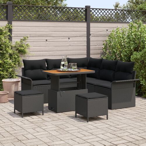 Ensemble De Canapés De Jardin 8 Pièces Avec Coussins Rattan Poly Noir Acacia, Canapé De Jardin 2 Places Avec Coussins Rattan Poly Noir, Ensemble De Dining De Jardin 3 Pièces Avec Coussins Rattan Poly Noir Acacia