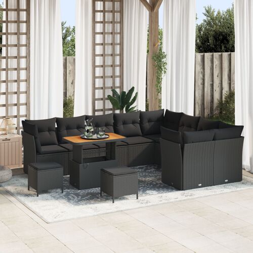 Ensemble De Canapé De Jardin 12 Pièces Avec Coussins En Rotin Poly Noir, Ensemble De Salle À Manger De Jardin 3 Pièces Avec Coussins En Rotin Poly Noir