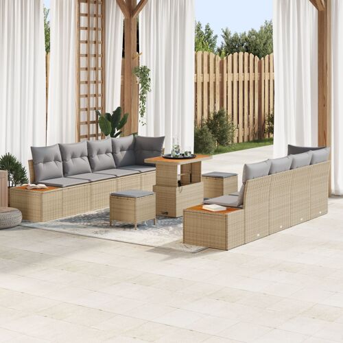 Vidaxl Ensemble De Sofa De Jardin 11 Pièces Avec Coussins En Beige Poly Rotin Acacia, Vidaxl Ensemble De Salle À Manger De Jardin 3 Pièces Avec Coussins En Beige Poly Rotin Acacia
