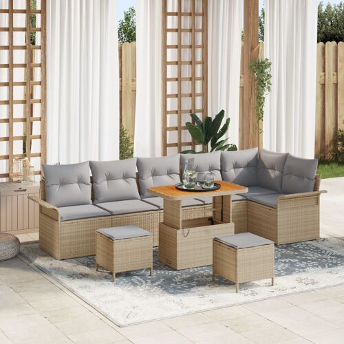 Ensemble De Canapés De Jardin 9 Pièces Avec Coussins Beige Rotin Synthétique Acacia