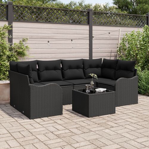 Ensemble De Canapé De Jardin De 7 Pièces Avec Coussins En Rotin Synthétique Noir, Canapé De Jardin 2 Places Avec Rangement Et Coussins En Rotin Synthétique Noir