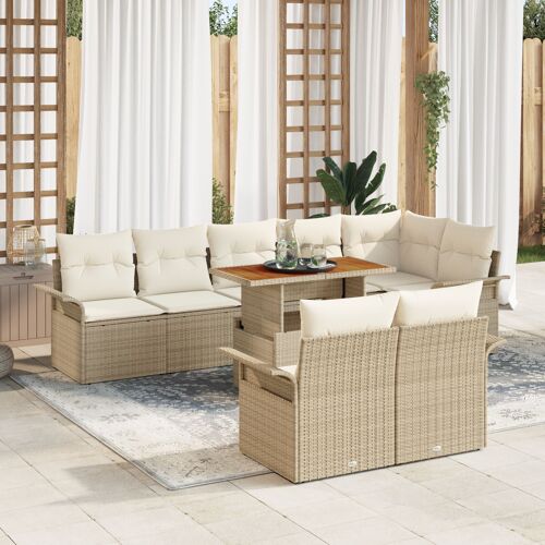 Ensemble de 9 Pièces de Canapés de Jardin avec Coussins Beige en Rattan Poly, Canapé de Jardin 2 places avec Rangement & Coussins Beige en Rattan Poly