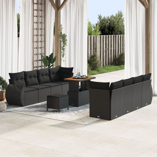 Ensemble de canapé jardin 11 pièces avec coussins noir poly rattan, Ensemble de salle à manger jardin 3 pièces avec coussins noir poly rattan