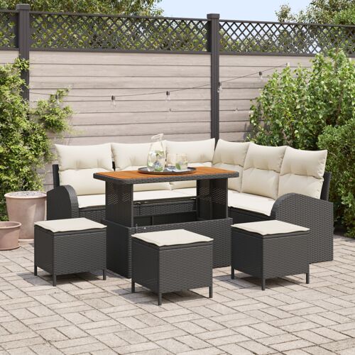 Ensemble de Sofa de Jardin 9 Pièces avec Coussins Noir Poly Rattan Acacia, Sofa de Jardin 2 Places avec Rangement & Coussins Noir Poly Rattan, Ensemble de Dîner de Jardin 4 Pièces avec Coussins Noir Poly Rattan Acacia