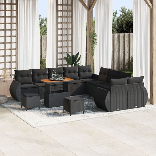 Ensemble De Canapé De Jardin 13 Pièces Avec Coussins Noir Poly Rotin Acacia, Ensemble De Salle À Manger De Jardin 3 Pièces Avec Coussins Noir Poly Rotin Acacia