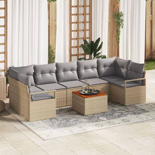 vidaXL Ensemble de salon de jardin 8 pièces avec coussins Beige Rotin Poly Acacia, vidaXL Sofa de jardin 2 places avec rangement et coussins Beige Rotin Poly