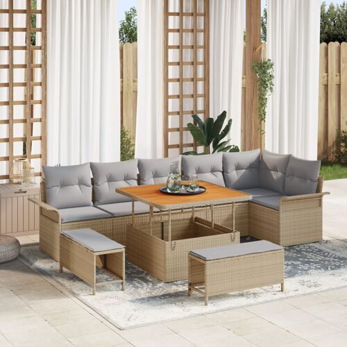 Ensemble De Canapé De Jardin 9 Pièces Avec Coussins En Beige Poly Rotin Acacia, Canapé De Jardin Deux Places Avec Coussins En Beige Poly Rotin, Ensemble De Salle À Manger De Jardin 3 Pièces Avec Coussins En Beige Poly Rotin Acacia