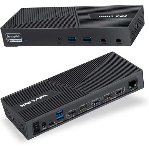 WAVLINK Displaylink Station d'accueil Universelle USB C, avec 3 x HDMI, 2 x DP, 100 W PD, Gigabit Ethernet, 6 × 10 Gbps USB-A&C, Audio, Microphone, Compatible avec Mac OS et Windows