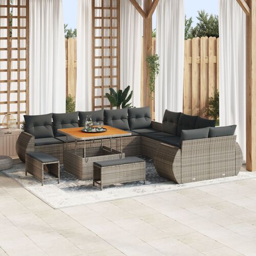 Ensemble De Canapé De Jardin 13 Pièces Avec Coussins Gris Poly Rotin Acacia, Ensemble Salle À Manger Jardin 3 Pièces Avec Coussins Gris Poly Rotin Acacia