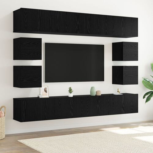 Set de meuble TV vidaXL 8 pièces en bois d'ingénierie noir mural, Meubles TV vidaXL montés au mur 2 pcs en chêne noir 30,5x30x30 cm, Meubles TV vidaXL 2 pcs en chêne noir 100x30x30 cm en bois d'ingénierie