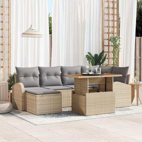 Set de canapé de jardin 7 pièces avec coussins en poly rotin beige, Canapé de jardin 2 places avec rangement et coussins en poly rotin beige