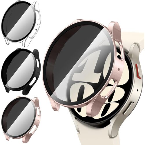 [3pièces] Coque Compatible Avec Samsung Galaxy Watch 6 44mm Avec Anti-Espion Protecteur D'écran En Verre Trempé, Pc Bumper Case Anti-Spy Privacy Housse Pour Galaxy Watch6 (Clair+Noir+Or Rose)