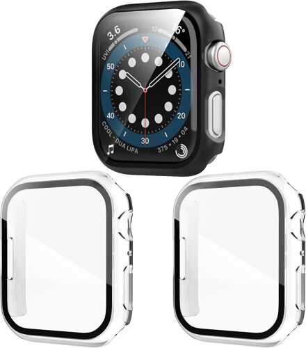 3 Pièces Coque Protection Pour Apple Watch Se 44mm, Hd Protection Écran En Verre Trempé Antichoc Pour Iwatch Series 6 5 4 Se 44mm(Noir+2 X Clair)