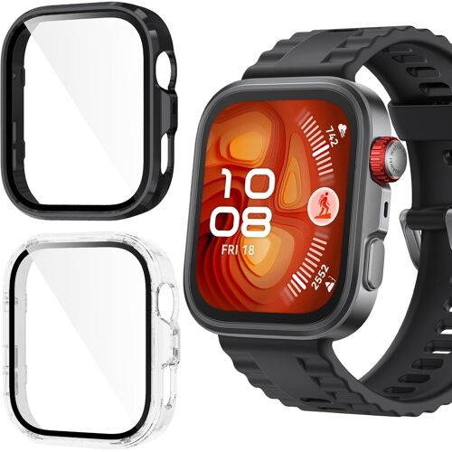 Kalanka-Coque Pour Huawei Watch Fit 4 Pro, 2 Pièces Couverture Totale Pc Coque Anti-Rayure Bumper Protecteur Étui Con Protection Écran Verre Trempé 9h Dureté Haute Définition, Transparent+Noir
