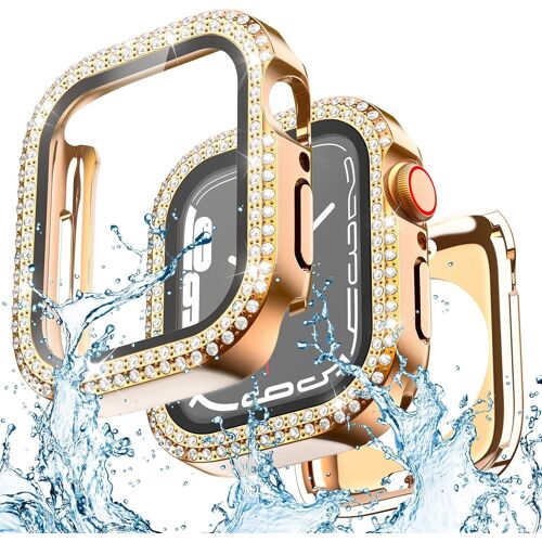 Coque Étanche 2 En 1 Compatible Avec Apple Watch De 41 Mm, Protecteur D'écran Série 9/8/7, Coque De Visage Antichoc En Strass À Paillettes Pour Femme, Accessoires Iwatch De 41 Mm, Or Rose