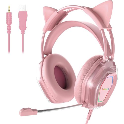 Lkljij-\U200cwantak Casque Gaming Chat - Micro Intégré, Jack 3.5mm/Usb - Pc/Ps5/Xbox - Réduction Bruit, Hifi 20hz-20khz - Léger Pour Femmes\U200c (Rose)