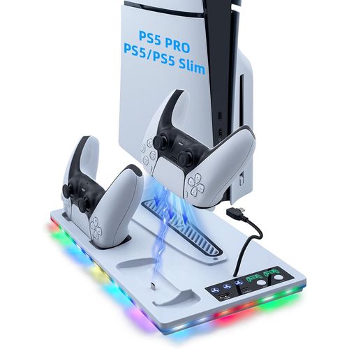 Lkljij-Support Pour Ps5 Pro/Slim Ventilateur De Refroidissement À 3 Vitesses, Chargeur Manette Ave Indicateur Rvb, Station De Recharge Pour Ps5 Slim Digital/Disc Edition Ave 2 Usb ¿ Blanc