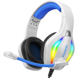 LKLJIJ-PG1 Casque Gaming pour PS4, PS5, PC, Xbox, Nintendo Switch, Casque Gamer avec Son Microphone Stéréo AI, Casque avec Prise Jack 3,5 mm et lumière RVB, Blanc/Bleu