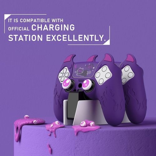 Protection Manette pour ps5 Coque Housse Silicone avec Capuchon pour ps5 Joystick Grip et Sticker Pavé Tactile,Cover Skin Compatible avec Station de Charge,Cute Demon-Violet