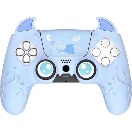 Protection Manette pour ps5 Coque Housse Silicone avec Capuchon pour ps5 Joystick Grip et Sticker Pavé Tactile,Cover Skin Compatible avec Station de Charge,Cute Demon-Bleu