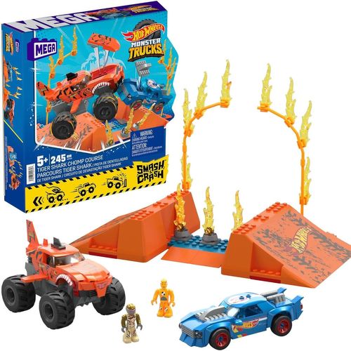 KAJGL-Mega Hot Wheels Coffret De Construction De 226 Pièces Hot Wheels Parcours Tiger Shark Chocs Et Fracas Avec 1 Mini-Figurine De Chauffeur Et 1 Aileron De Requin,Jouet Enfant,Dès 5 Ans,Hkf88